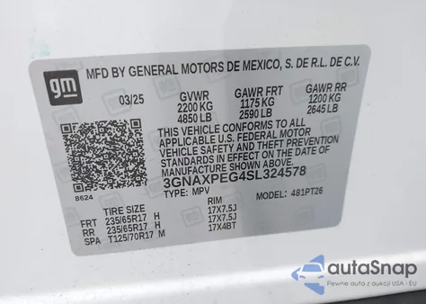 2025 Chevrolet Equinox Awd Lt из США, поврежденный, VIN 3GNAXPEG4SL324578